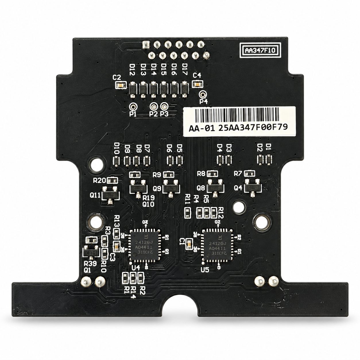 Black PA7-E sensor board with AA347F10 printed in a white box and a barcode sticker across the middle