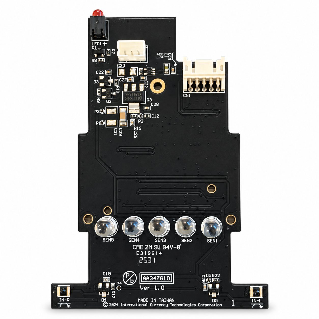 Black PA7-E LED board printed AA347G10 Ver 1.0, red LED1 at the top and five clear sensors marked SEN1 through SEN5