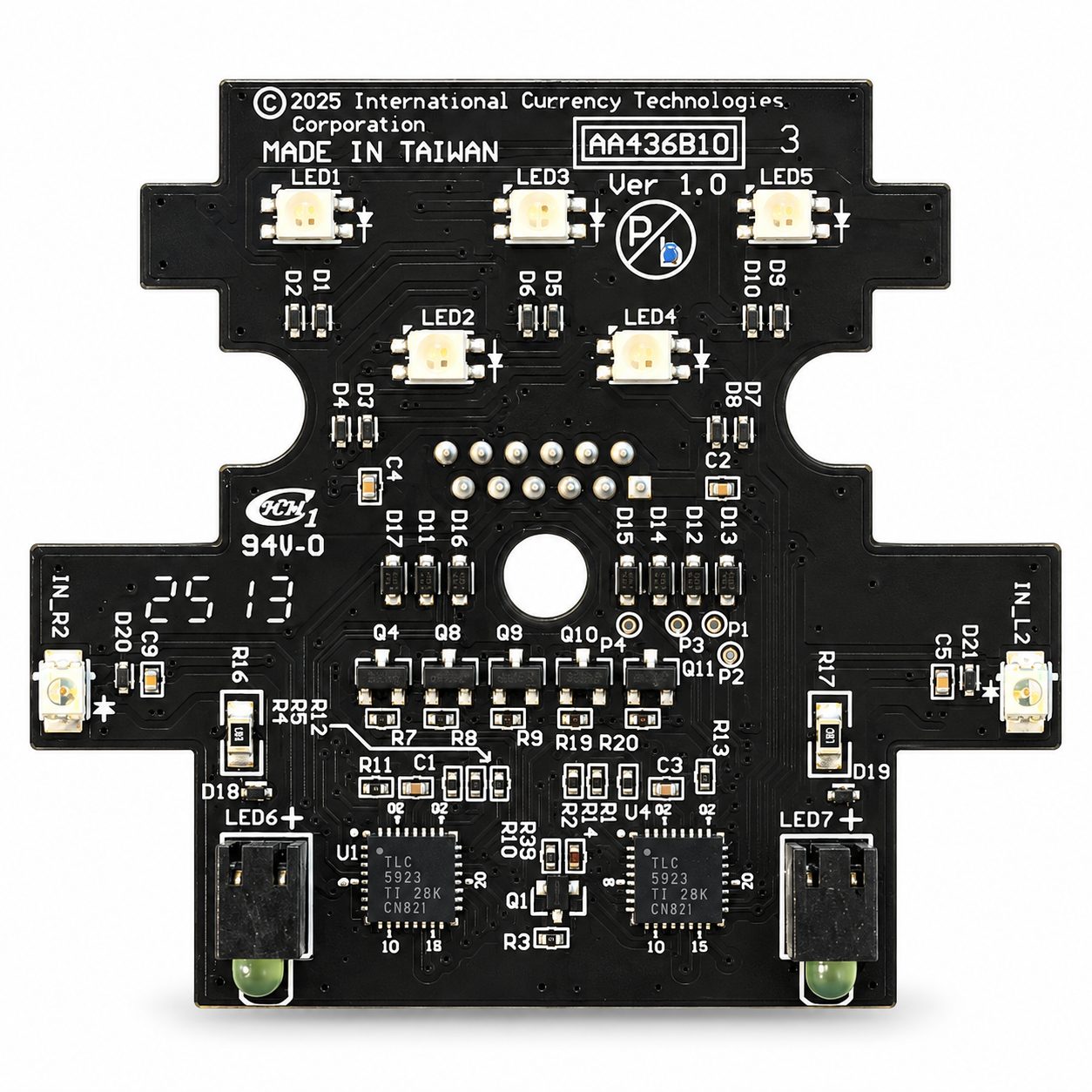 Black A6E / V6E sensor board printed AA436B10 Ver 1.0, with LED1 through LED5 across the top and green LEDs at the lower corners