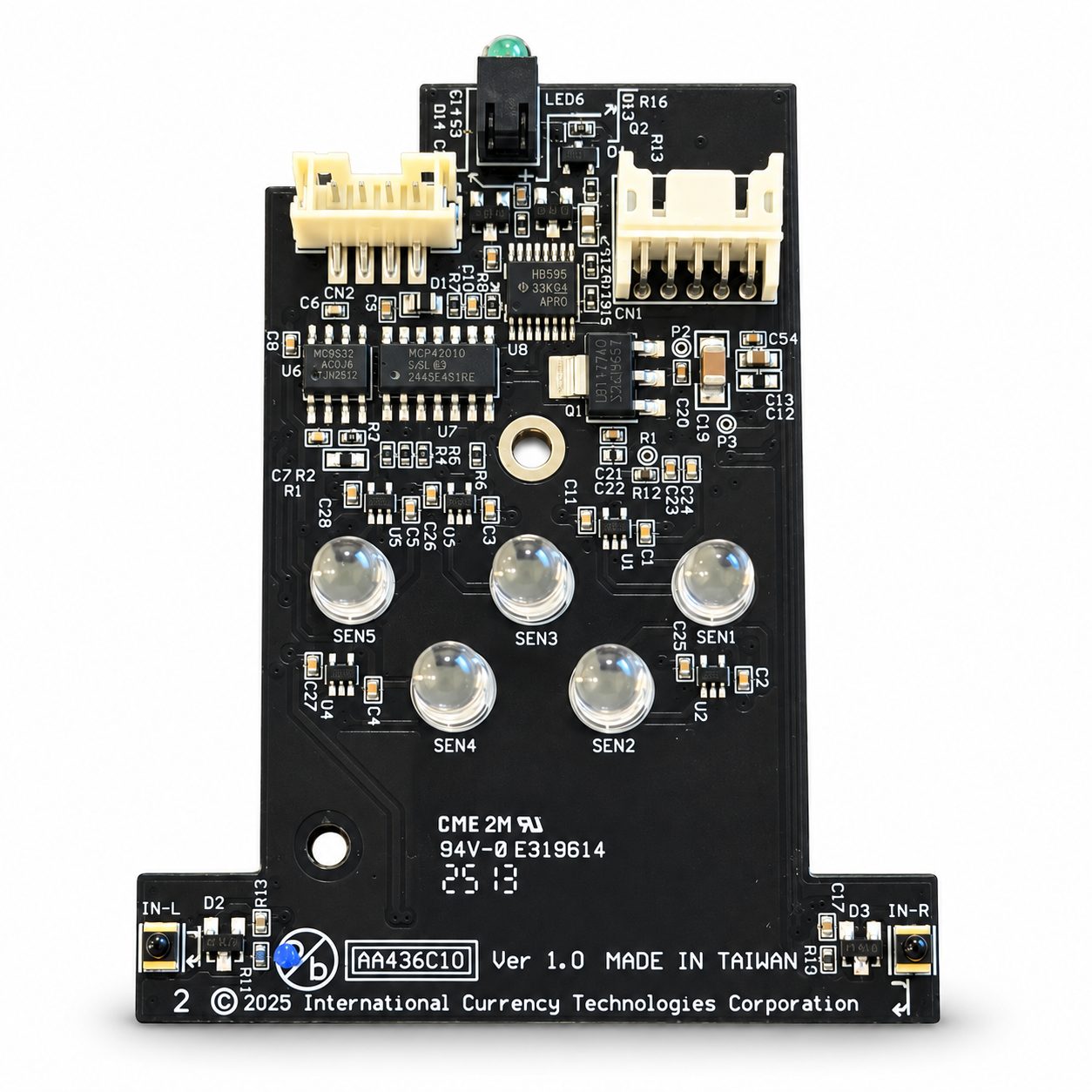 Black A6E / V6E LED board printed AA436C10 Ver 1.0, green LED6 at the top and five clear sensors