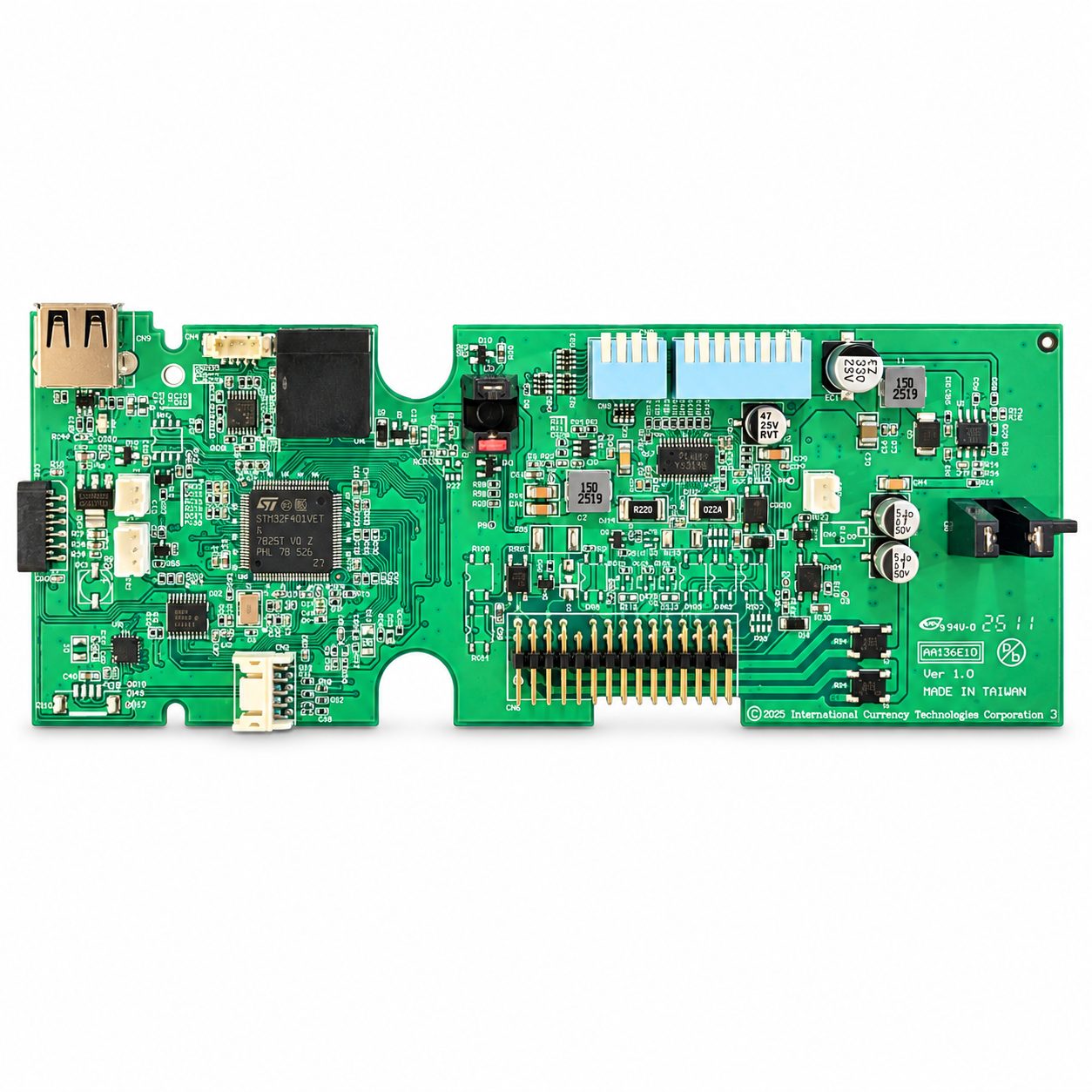 Bench photo of the ICT AA436E V6E CPU board, green PCB with the STM32 and USB port in view